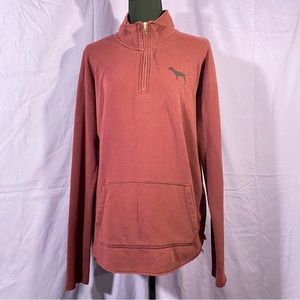 maroon victoria’s secret pink quarter zip with zebra print logo on back